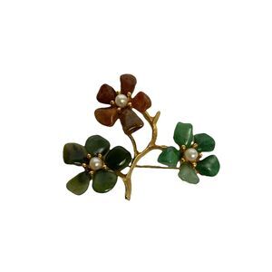 Vintage Swoboda Floral Cluster Brooch Green Pink Jade Pearls Signed
